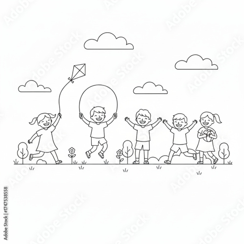 Five happy children playing outdoors in a park (kite flying, rope jumping, and running) under a cloudy sky
