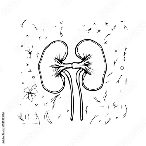 Abstract renal system illustration with nature and floral elements in monochrome sketch, an