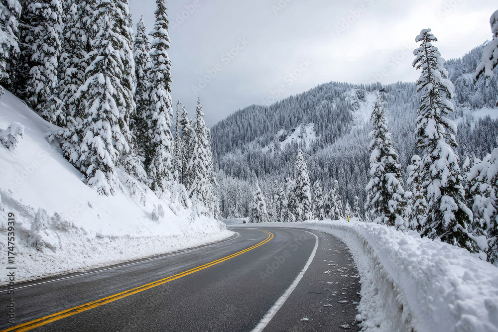 Obraz premium Snowy road winding through mountains surrounded by tall fir trees