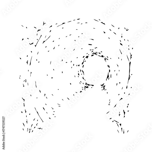 Abstract whirling vortex design created with speckled lines on a plain white canvas creates movement