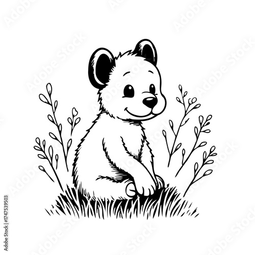 Adorable sketched bear cub sitting in grassy field surrounded by sparse branch vegetation a