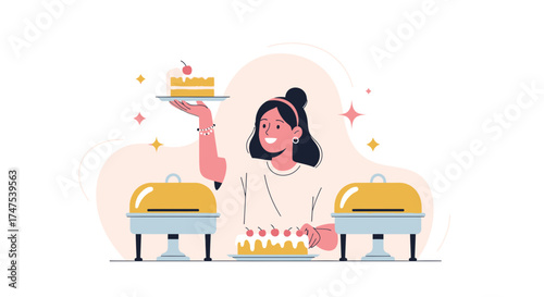 Lady Serving Cake On a Tray at a Catering Service with a Beautiful Smile
