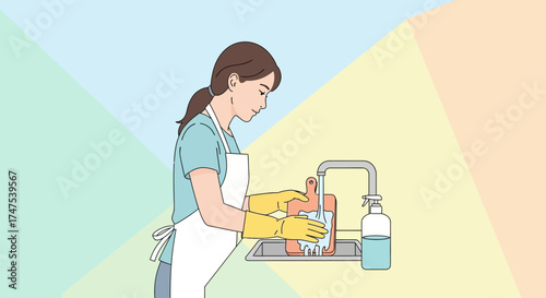 Lady Washing Cutting Board At Sink, Kitchen Illustration, Home Cleaning Concept