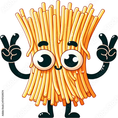 Enoki Mushroom with Cheerful Expression: An adorable enoki mushroom cartoon character with a jubilant face makes a peace sign with both hands. Representing fun, health and culinary delight.