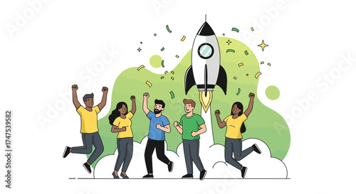 Launch Success: Cheerful Team Celebrates Rocket Startup with Energetic Joy and Delight