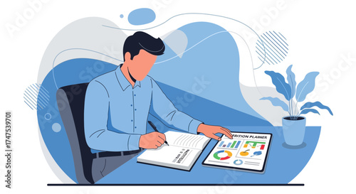 Man Creating Dietary Plans and Analyzing Nutrients Visualized in Colorful Infographics