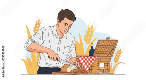 Man cutting bread with a knife for a picnic near a basket with food and wine
