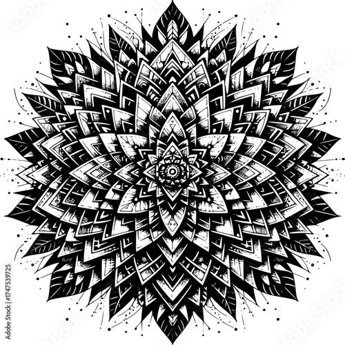 Abstract Geometric Mandala Design: intricate monochrome geometric mandala illustration that celebrates balance, harmony, and spiritual awakening.  evokes a sense of calmness and peace.