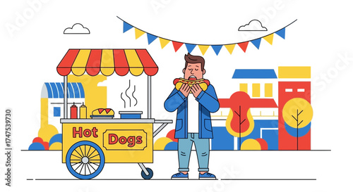 Man Devouring Hot Dog Near Food Cart With Festive Decorations Showing Pleasure