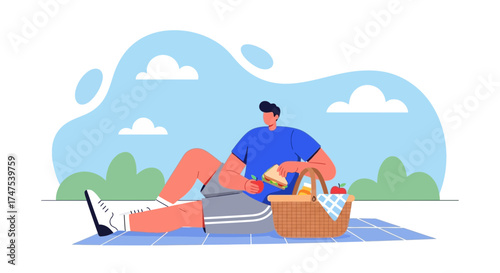 Leisure Time Picnic With Basket Featuring Delicious Sandwich And A Sunny Day