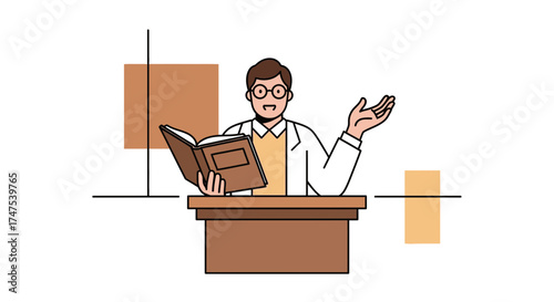 Lecturer In White Coat Giving Presentation During A Lecture With A Book At Podium