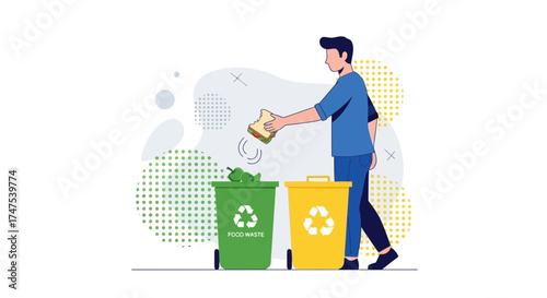 Man disposing food waste in a recycle bin, illustration about recycling concept.