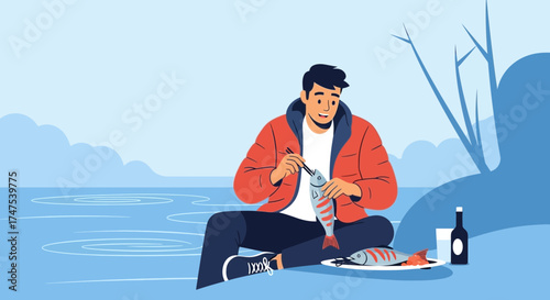 Leisurely Preparation: A Man Enjoys A Freshly Caught Fish By The Lake
