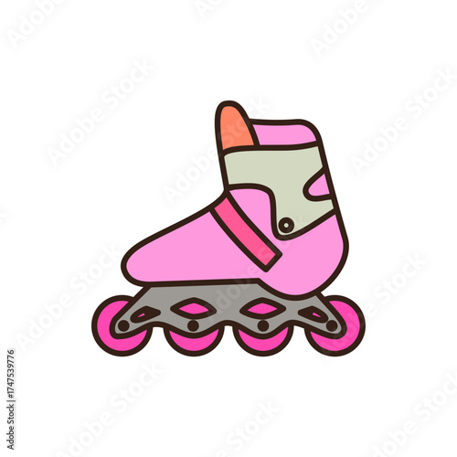 doodle of pink rollerblade with a grey frame, pink wheels, and an orange and light green cuff, outlined in dark brown.