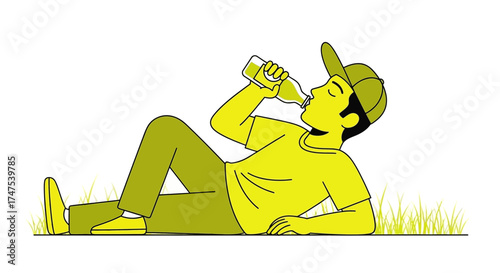 Leisurely Man Drinks Beverage While Relaxing Outdoors In Sunny Weather Enjoyment