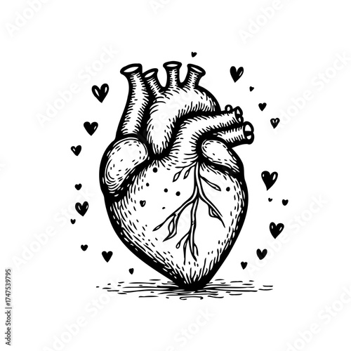 Anatomical heart drawing surrounded by small hearts conveying concept of love or health illustration