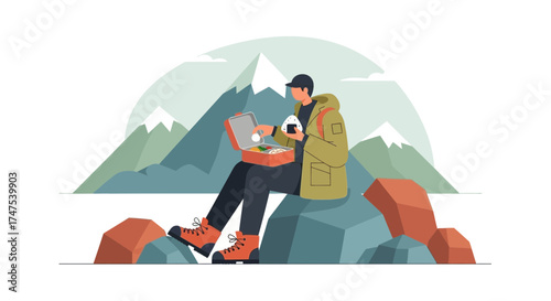 Man eating food in the mountains during a hiking break with beautiful mountain scenery