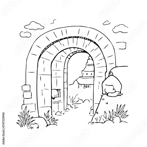 Ancient architectural passage leading to serene landscape a captivating hand drawn illustration