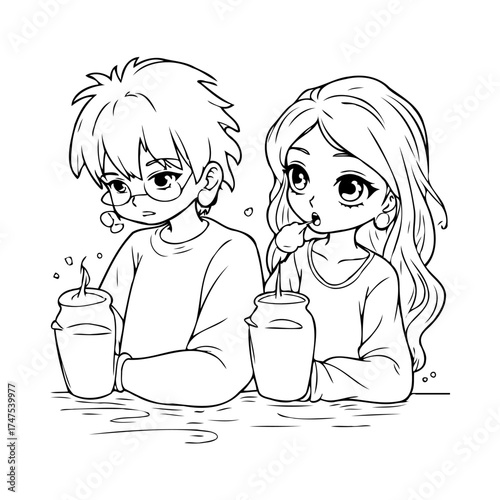 Anime styled characters enjoying their drinks a cute couple sharing a moment of youthful