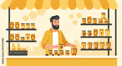 Local Honey Artisan Selling Fresh Jars Of Golden Sweetener At His Rustic Marketplace