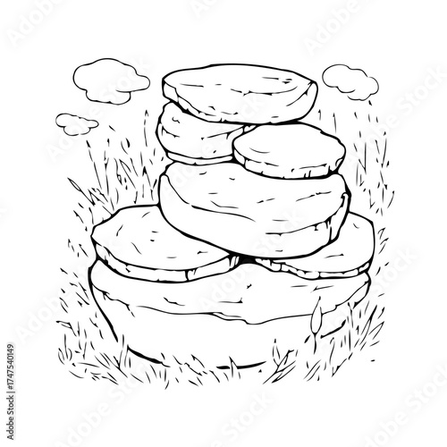 Artistic drawing of a zen rock stack in a grassy field under a cloudy sky perfect harmony