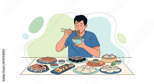 Man Enjoying Asian Cuisine with Sushi, Noodles, and Dim Sum on a Table