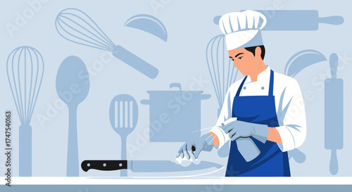 Male Chef Sanitizing Kitchen Equipment For Hygienic Cooking, Preventing Contamination