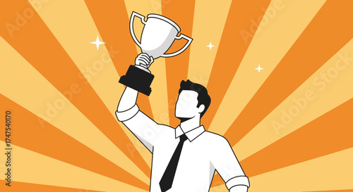 Man Achieving Victory, Holding Trophy Against Dynamic Radial Background, Symbol of Success