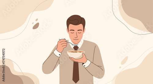 Man Enjoying Breakfast Meal Illustration With Modern Abstract Background Art Style