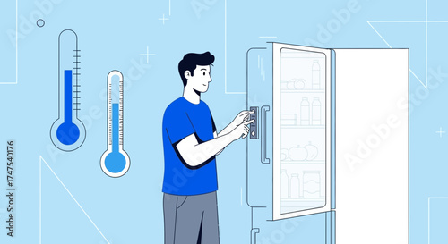 Man adjusting temperature of a refrigerator depicting food preservation with thermometers