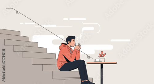 Man Enjoying Coffee and Contemplating Life on Steps in a Relaxed Modern Scene
