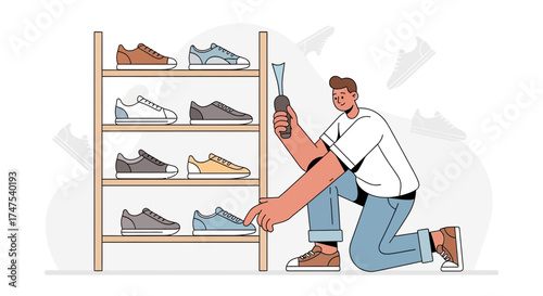 Man Admiring a Collection of Trendy Footwear in a Minimalist Shoe Rack Display