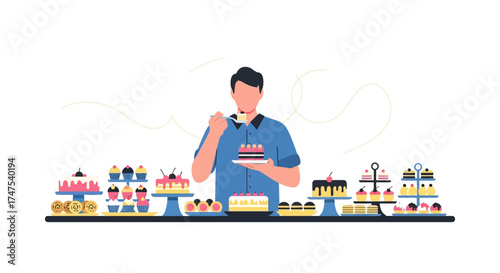Man Enjoying Delicious Baking, Eating Cake, Dessert, Confectionery, Bakery, Sweets
