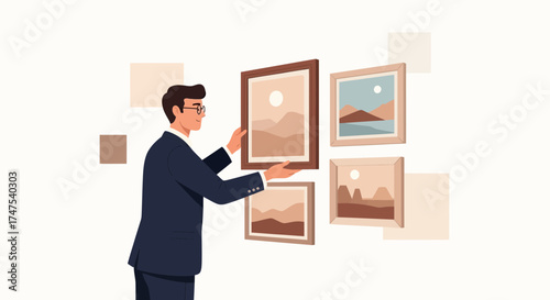 Man Arranging Wall Art In Modern Home, Decorating Paintings for Cozy Room Decoration