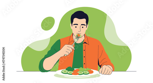 Man Enjoying Healthy Salad Meal Represented in a Stylish Digital Illustration