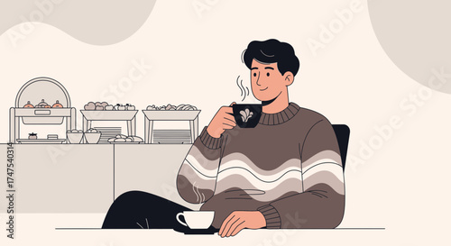 Man Enjoying Hot Drink Near Buffet Restaurant Relaxing Leisure Time Illustration