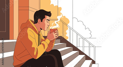 Man Enjoying Hot Drink On Stairs During The Morning Or Evening, Artistic Illustration