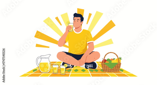 Man enjoying lemonade on a sunny picnic with fruit basket and fresh juice illustration
