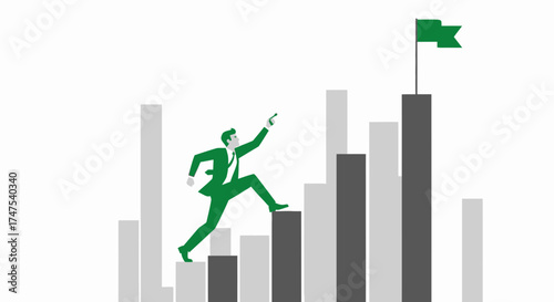 Man Ascends Financial Chart Aiming For Success Reaching Ultimate Green Flag Goal