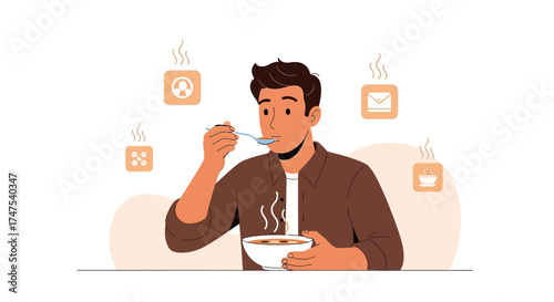 Man Enjoying Meal While Interacting With Digital Icons Minimalistic Illustration