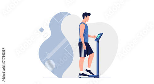 Man assessing weight with scale in gym for fitness and health illustration design