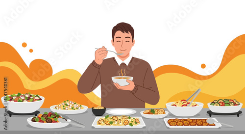 Man Enjoying Meal With Assortment Of Freshly Prepared Dishes For A Delicious Lunch