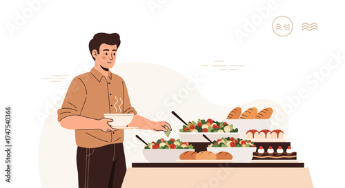 Man at a buffet with assorted food, healthy eating and selecting food from trays
