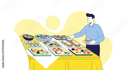 Man at buffet choosing food, event catering, meal service with options for customers