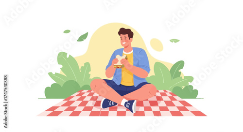 Man Enjoying Picnic Lunch Outdoors On A Checkered Blanket With Sandwich During Day