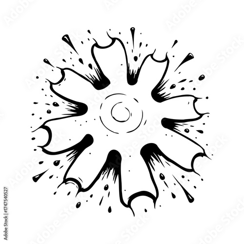 Black and white abstract burst design with petal-like shapes emanating from central circle and