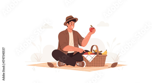 Man Enjoys Picnic, Holding Apple, With Basket Of Fruits And Sitting On A Blanket