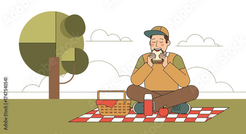 Man Enjoys Picnic Lunch On A Red And White Checkered Blanket Under The Tree