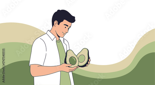 Man Examining Freshly Cut Avocado: A Healthy Lifestyle Choice Emphasized In This Illustration