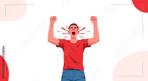 Man Expressing Rage With Raised Fists And Loud Shout Illustration On White Background